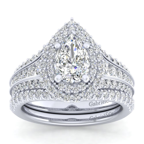 Vintage Inspired Platinum Pear Shape Double Halo Diamond Channel Set Engagement Ring