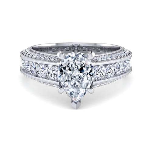 Vintage Inspired Platinum Pear Shape Wide Band Diamond Channel Set Engagement Ring