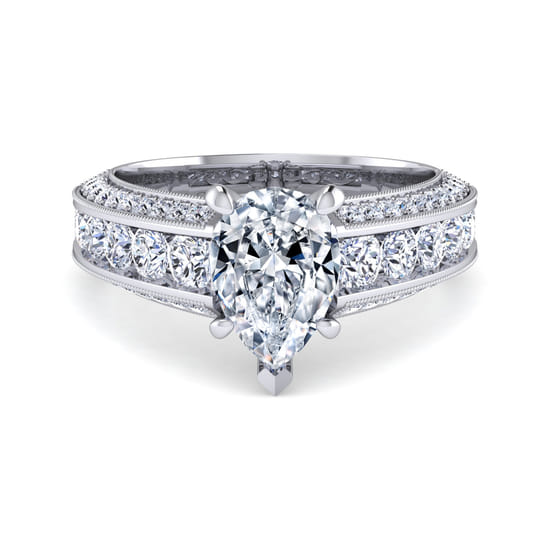 Gabriel - Vintage Inspired Platinum Pear Shape Wide Band Diamond Channel Set Engagement Ring