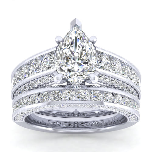 Vintage Inspired Platinum Pear Shape Wide Band Diamond Channel Set Engagement Ring
