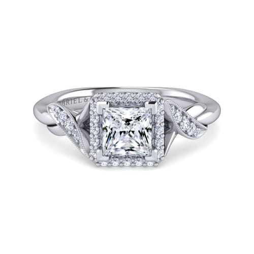 Vintage Inspired Platinum Princess Halo Diamond Engagement Ring