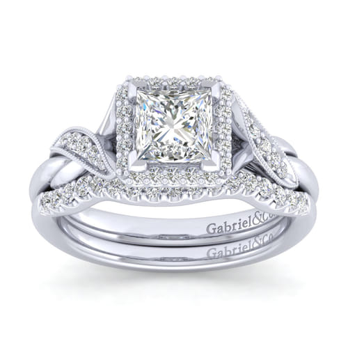 Vintage Inspired Platinum Princess Halo Diamond Engagement Ring