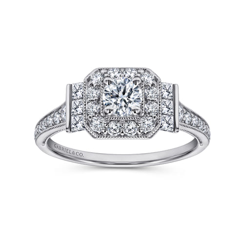 Vintage Inspired Platinum Round Halo Diamond Engagement Ring