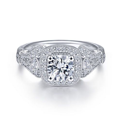 Vintage Inspired Platinum Round Halo Diamond Engagement Ring