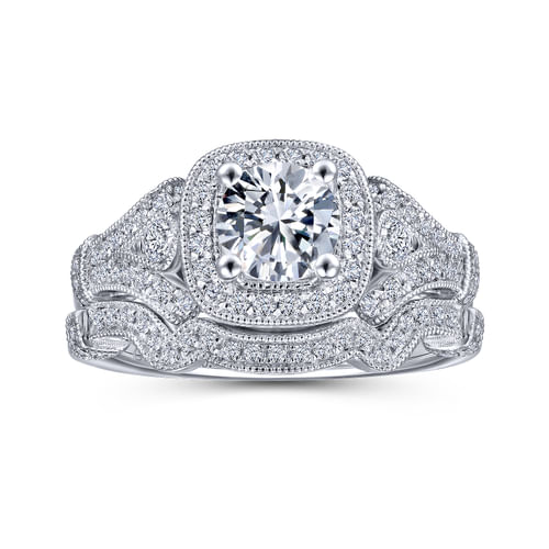 Vintage Inspired Platinum Round Halo Diamond Engagement Ring
