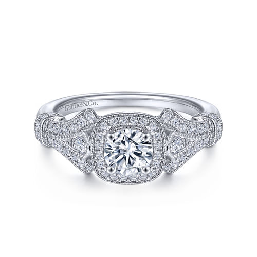 Vintage Inspired Platinum Round Halo Diamond Engagement Ring