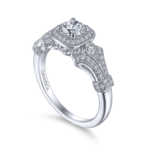 Vintage Inspired Platinum Round Halo Diamond Engagement Ring