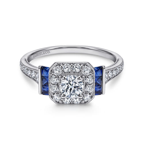 Vintage Inspired Platinum Round Halo Sapphire and Diamond Channel Set Engagement Ring