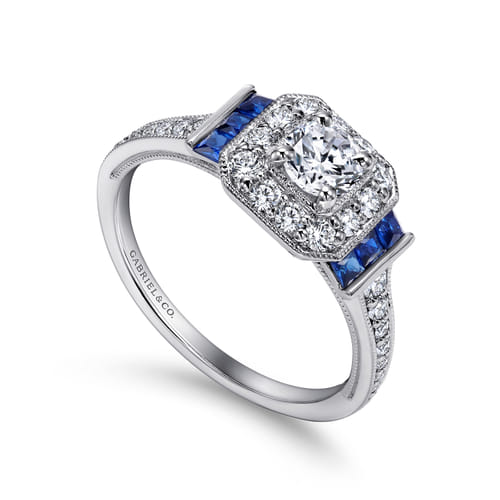 Vintage Inspired Platinum Round Halo Sapphire and Diamond Channel Set Engagement Ring