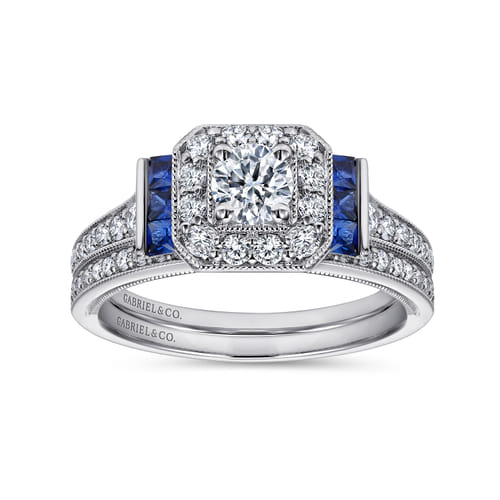 Vintage Inspired Platinum Round Halo Sapphire and Diamond Channel Set Engagement Ring