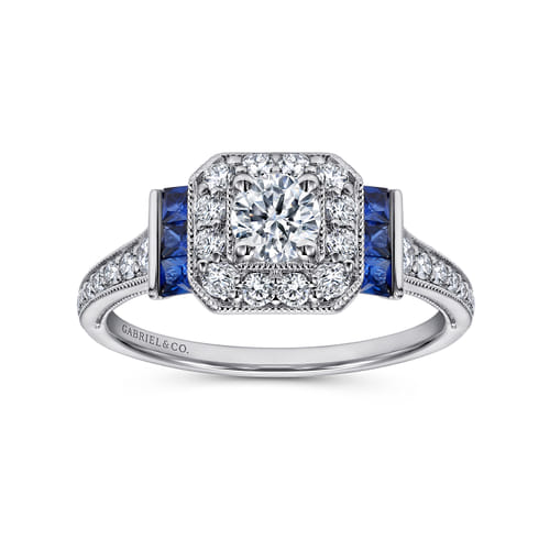 Vintage Inspired Platinum Round Halo Sapphire and Diamond Channel Set Engagement Ring