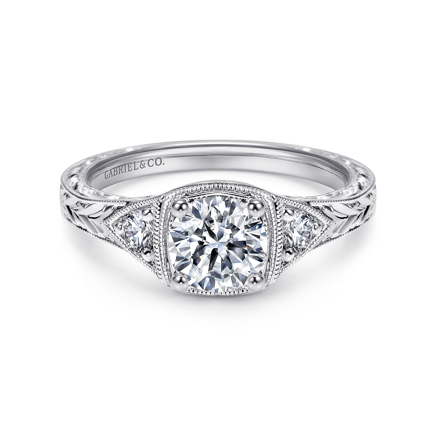 Vintage Inspired Platinum Round Three Stone Diamond Engagement Ring