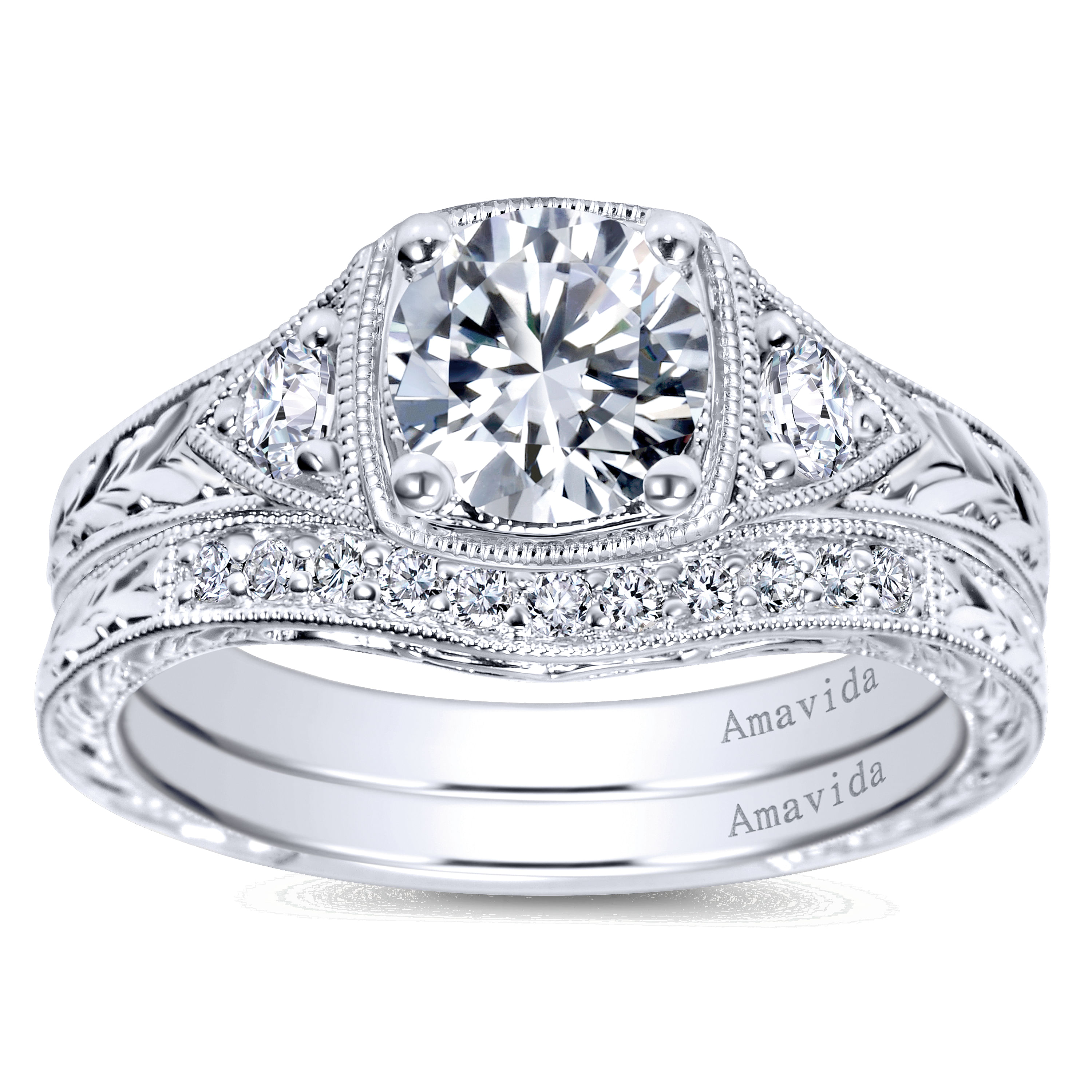 Vintage Inspired Platinum Round Three Stone Diamond Engagement Ring