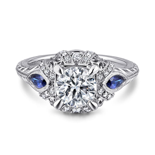 Vintage Inspired Platinum Round Three Stone Halo Sapphire and Diamond Engagement Ring