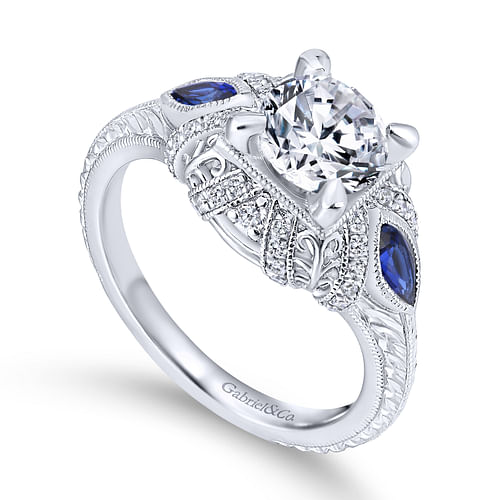 Vintage Inspired Platinum Round Three Stone Halo Sapphire and Diamond Engagement Ring