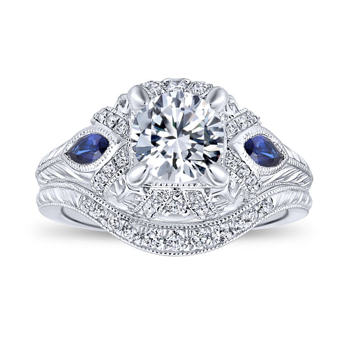 Vintage Inspired Platinum Round Three Stone Halo Sapphire and Diamond Engagement Ring