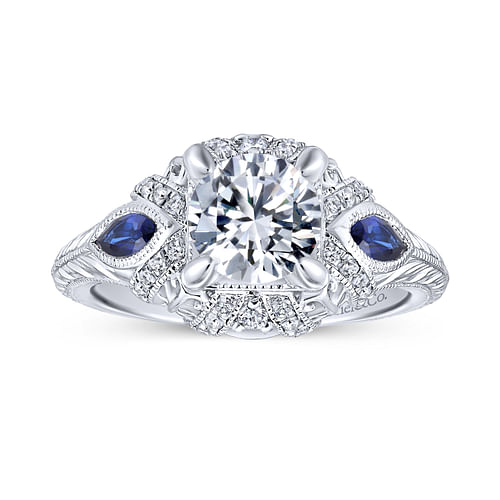 Vintage Inspired Platinum Round Three Stone Halo Sapphire and Diamond Engagement Ring