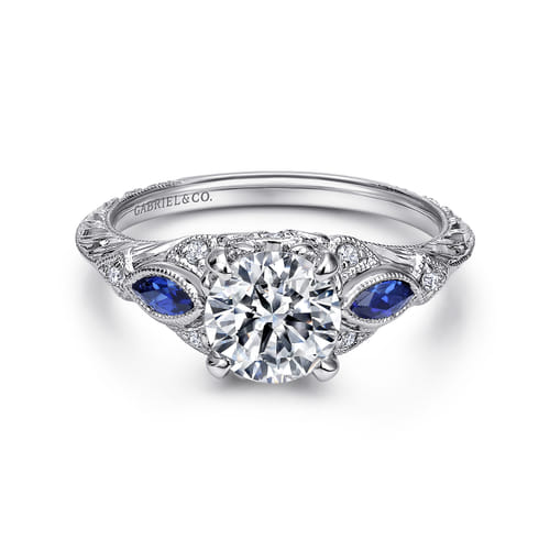 Vintage Inspired Platinum Round Three Stone Sapphire and Diamond Engagement Ring