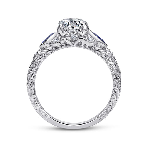 Vintage Inspired Platinum Round Three Stone Sapphire and Diamond Engagement Ring