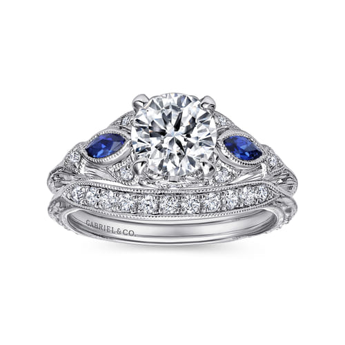 Vintage Inspired Platinum Round Three Stone Sapphire and Diamond Engagement Ring