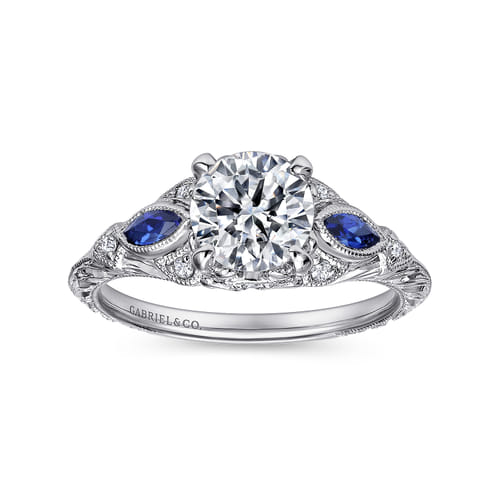 Vintage Inspired Platinum Round Three Stone Sapphire and Diamond Engagement Ring