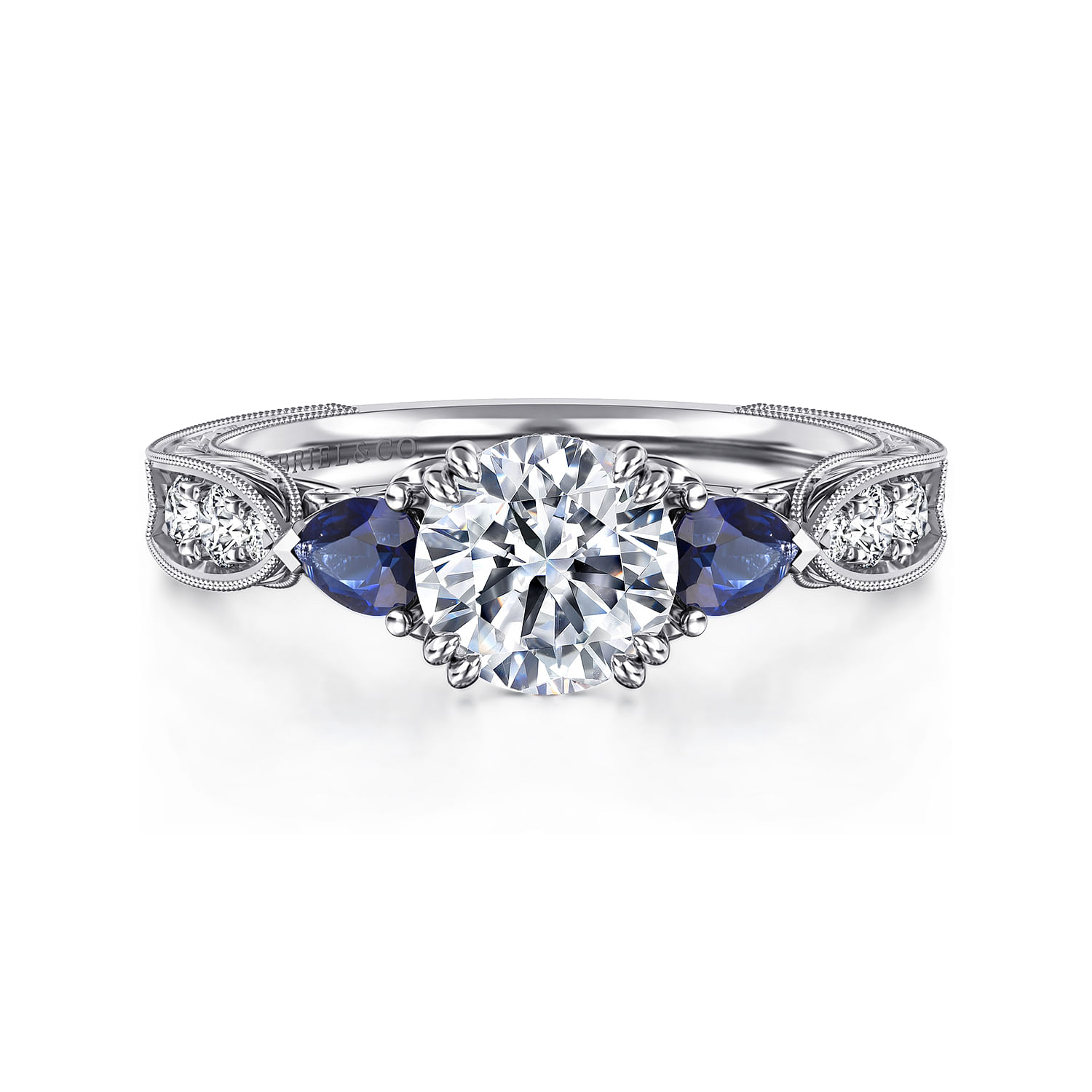 Gabriel - Vintage Inspired Platinum Round Three Stone Sapphire and Diamond Engagement Ring