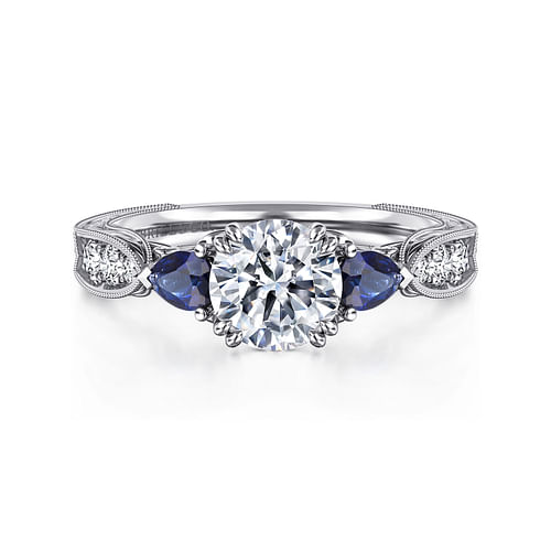 Vintage Inspired Platinum Round Three Stone Sapphire and Diamond Engagement Ring