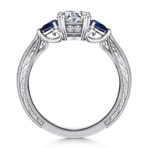 Vintage Inspired Platinum Round Three Stone Sapphire and Diamond Engagement Ring