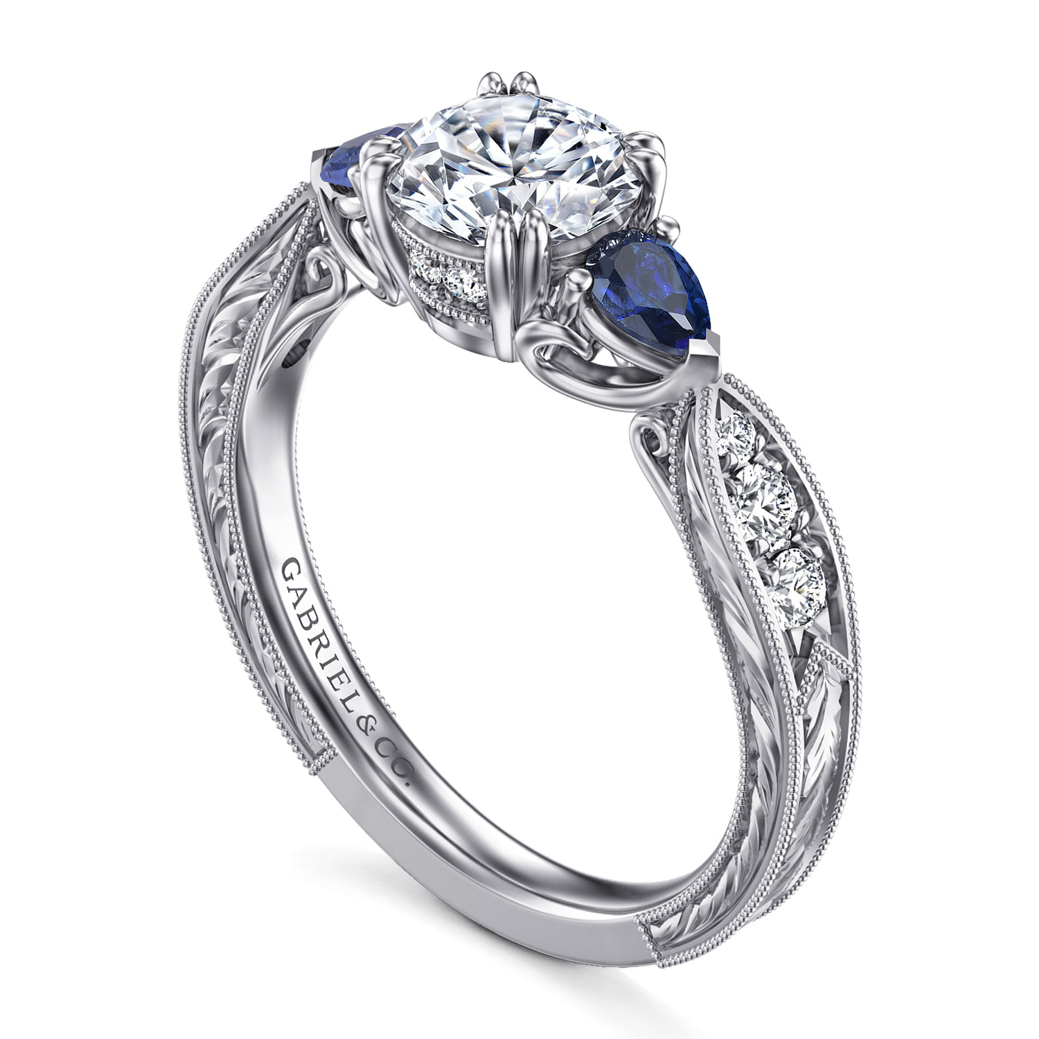 Vintage Inspired Platinum Round Three Stone Sapphire and Diamond Engagement Ring