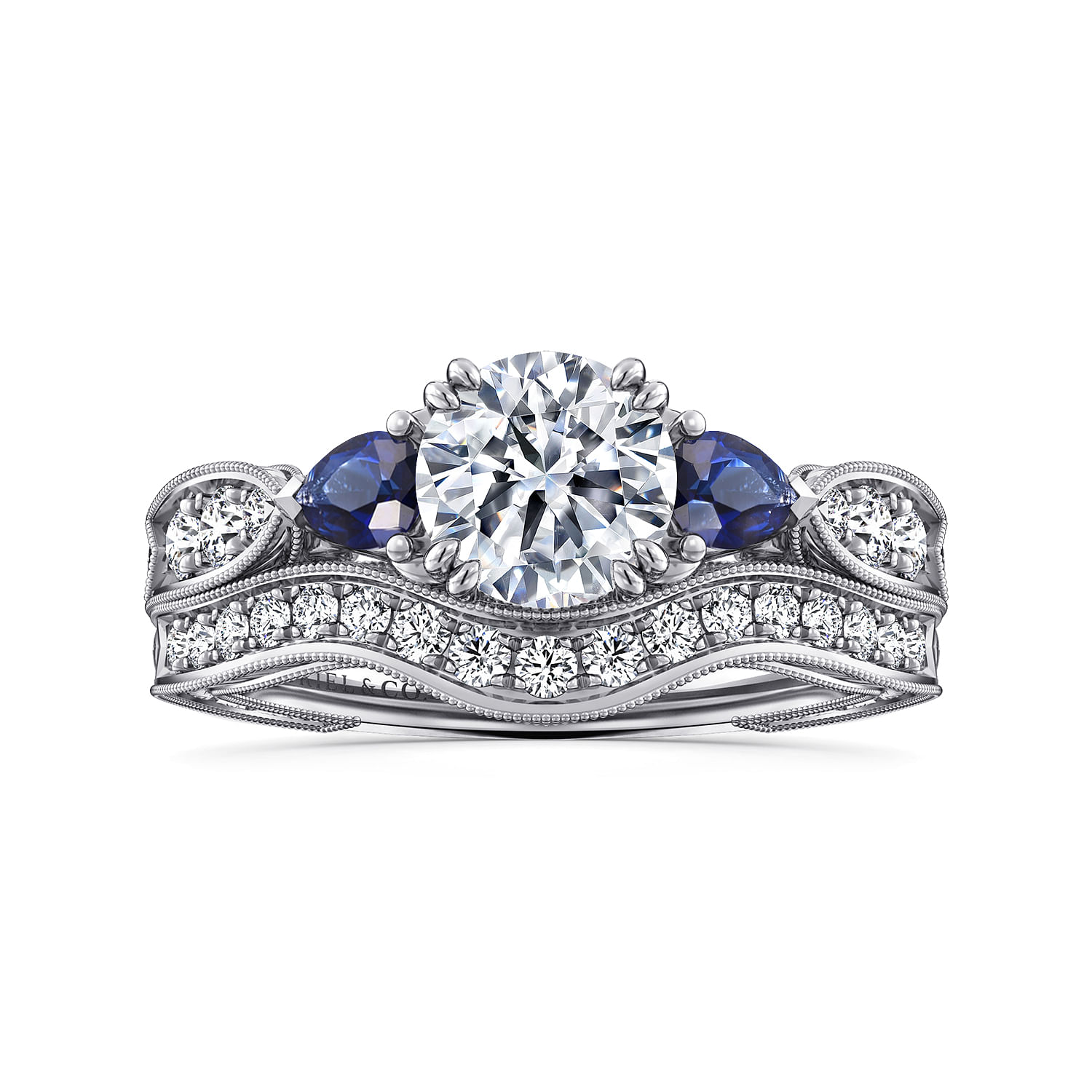 Vintage Inspired Platinum Round Three Stone Sapphire and Diamond Engagement Ring