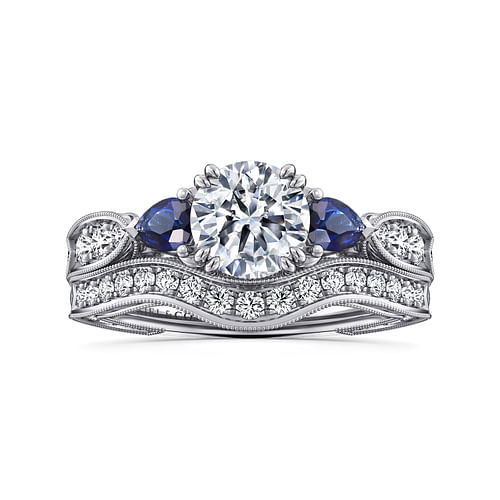 Vintage Inspired Platinum Round Three Stone Sapphire and Diamond Engagement Ring