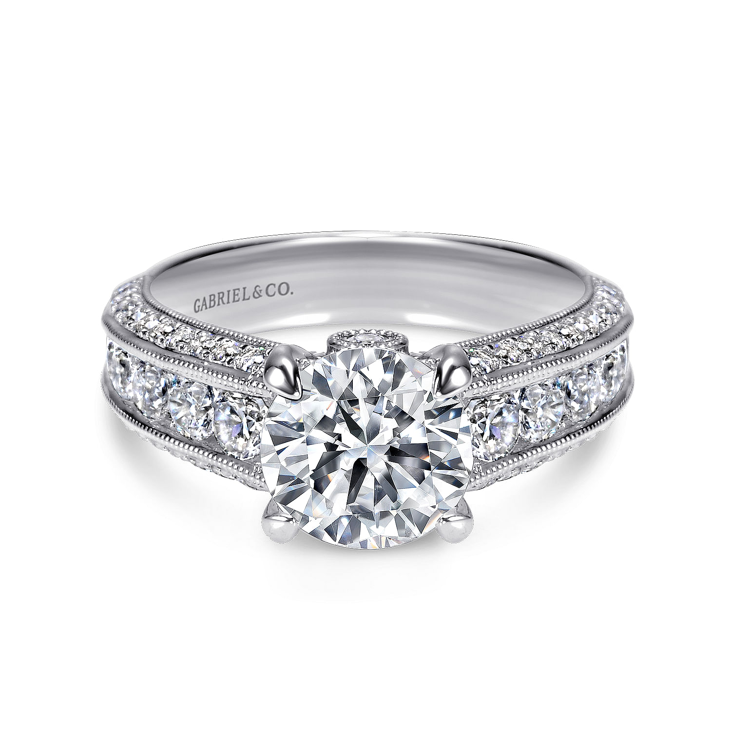 Gabriel - Vintage Inspired Platinum Round Wide Band Diamond Channel Set Engagement Ring