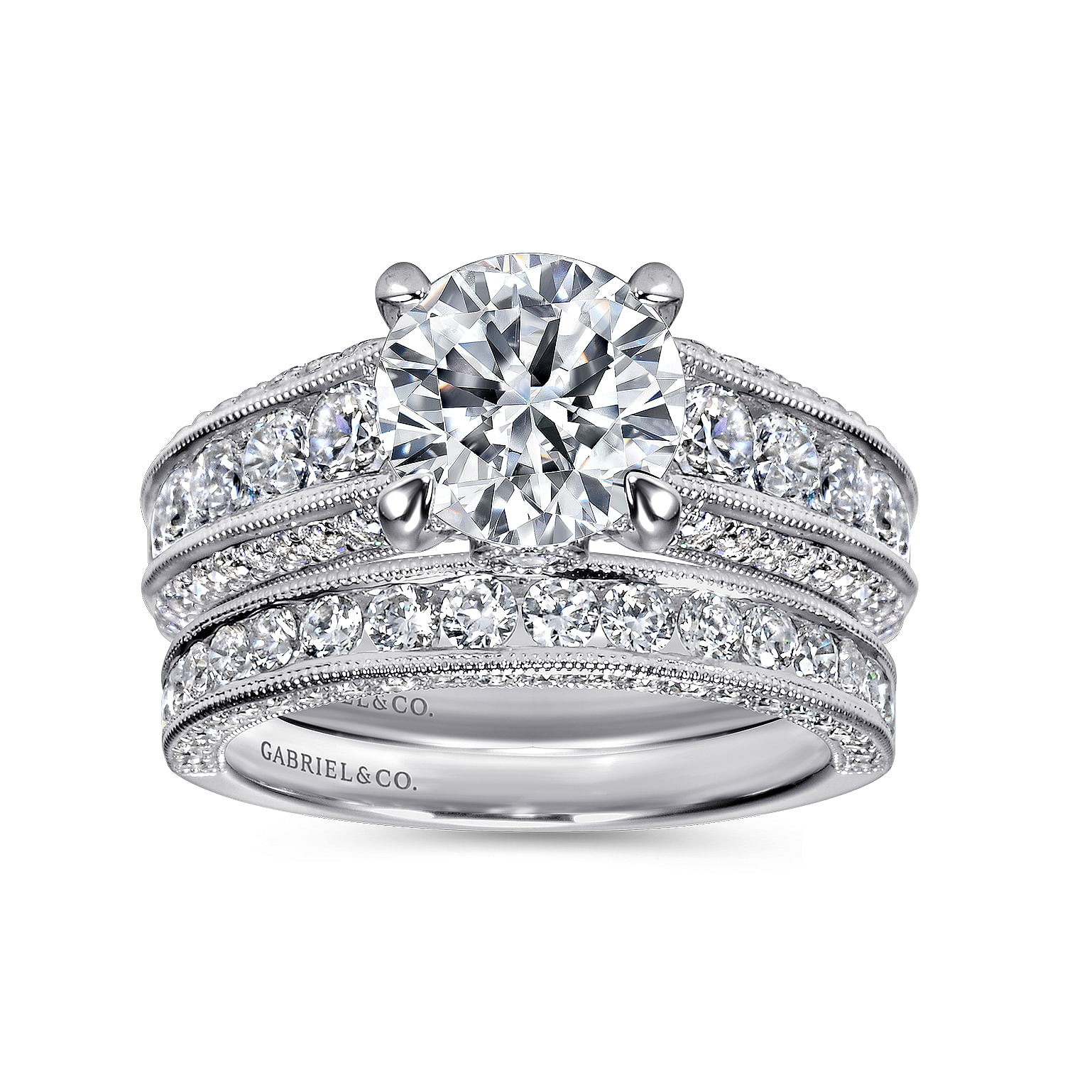 Vintage Inspired Platinum Round Wide Band Diamond Channel Set Engagement Ring