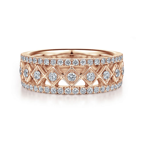 Wide 14K Rose  Gold Geometric Diamond Anniversary Band