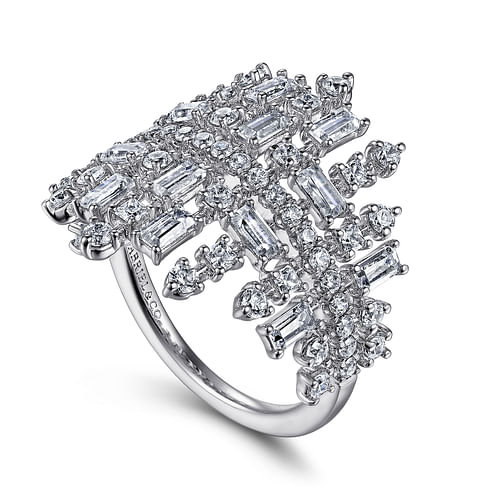 Wide 14K White Gold Baguette and Round Diamond Cage Ring