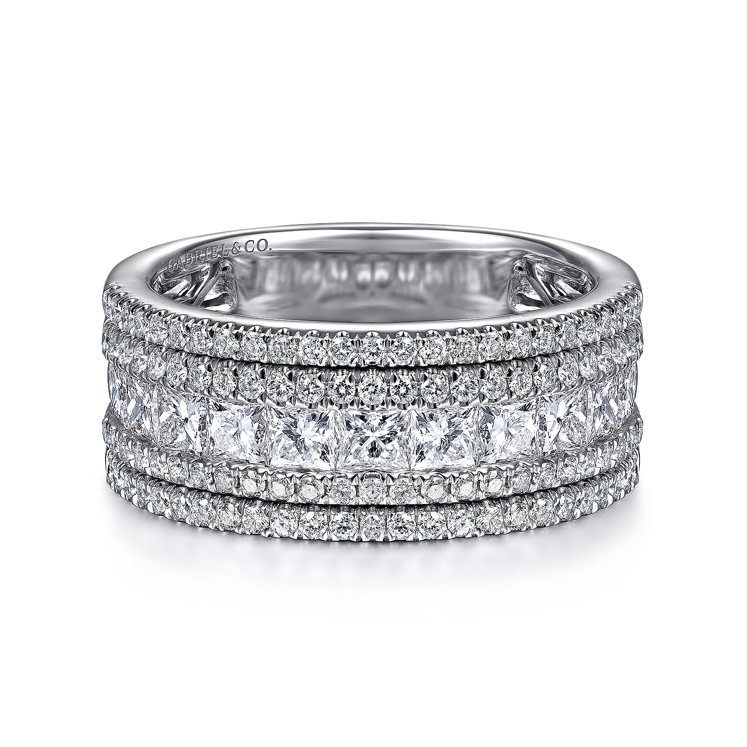 Wide 14K White Gold Channel Set Diamond Anniversary Band with Round and Princess Cut Diamonds