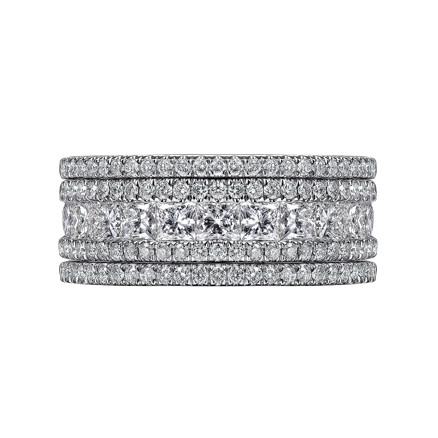 Wide 14K White Gold Channel Set Diamond Anniversary Band with Round and Princess Cut Diamonds