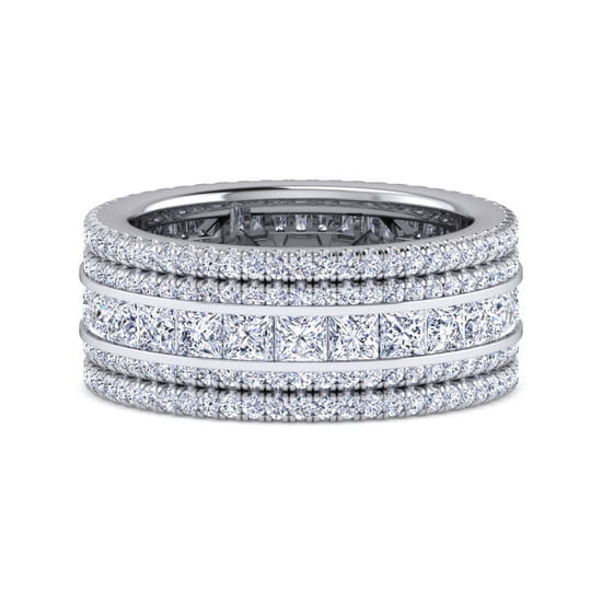 Wide 14K White Gold Channel Set Diamond Anniversary Band with Round and Princess Cut Diamonds