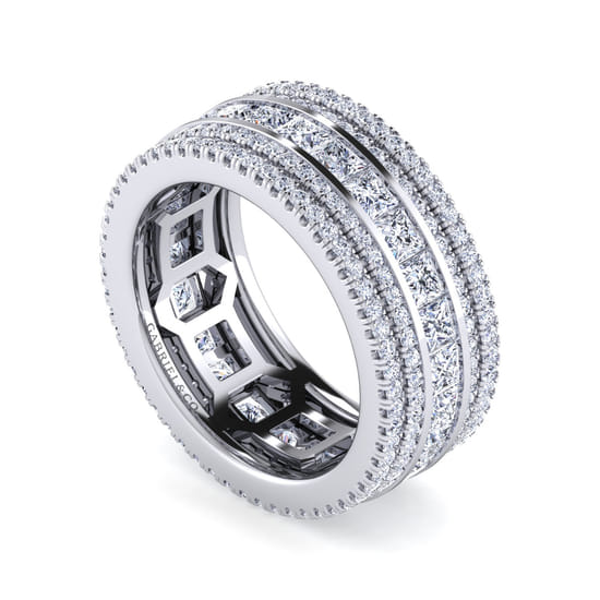 Wide 14K White Gold Channel Set Diamond Anniversary Band with Round and Princess Cut Diamonds angle 3