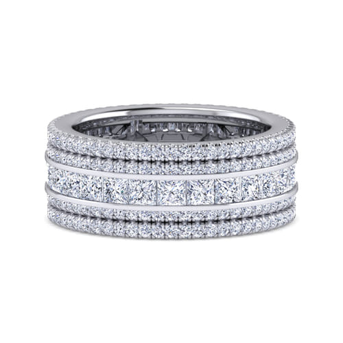 Wide 14K White Gold Channel Set Diamond Anniversary Band with Round and Princess Cut Diamonds