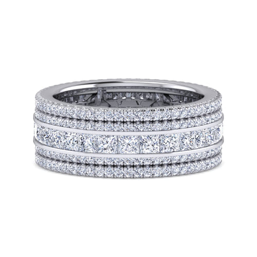 Wide 14K White Gold Channel Set Diamond Anniversary Band with Round and Princess Cut Diamonds