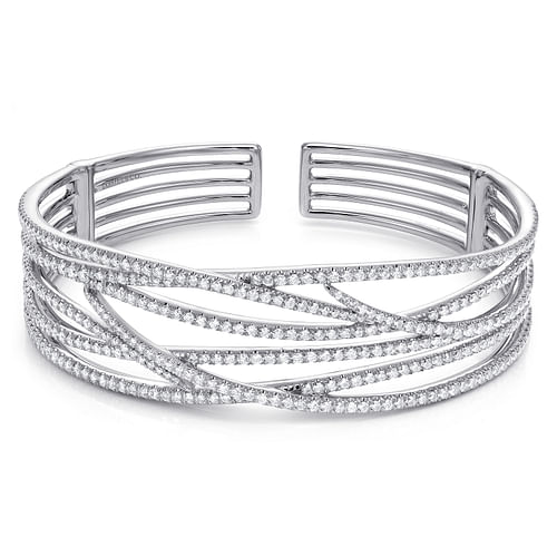 Wide 14K White Gold Criss Crossing Open Diamond Bangle