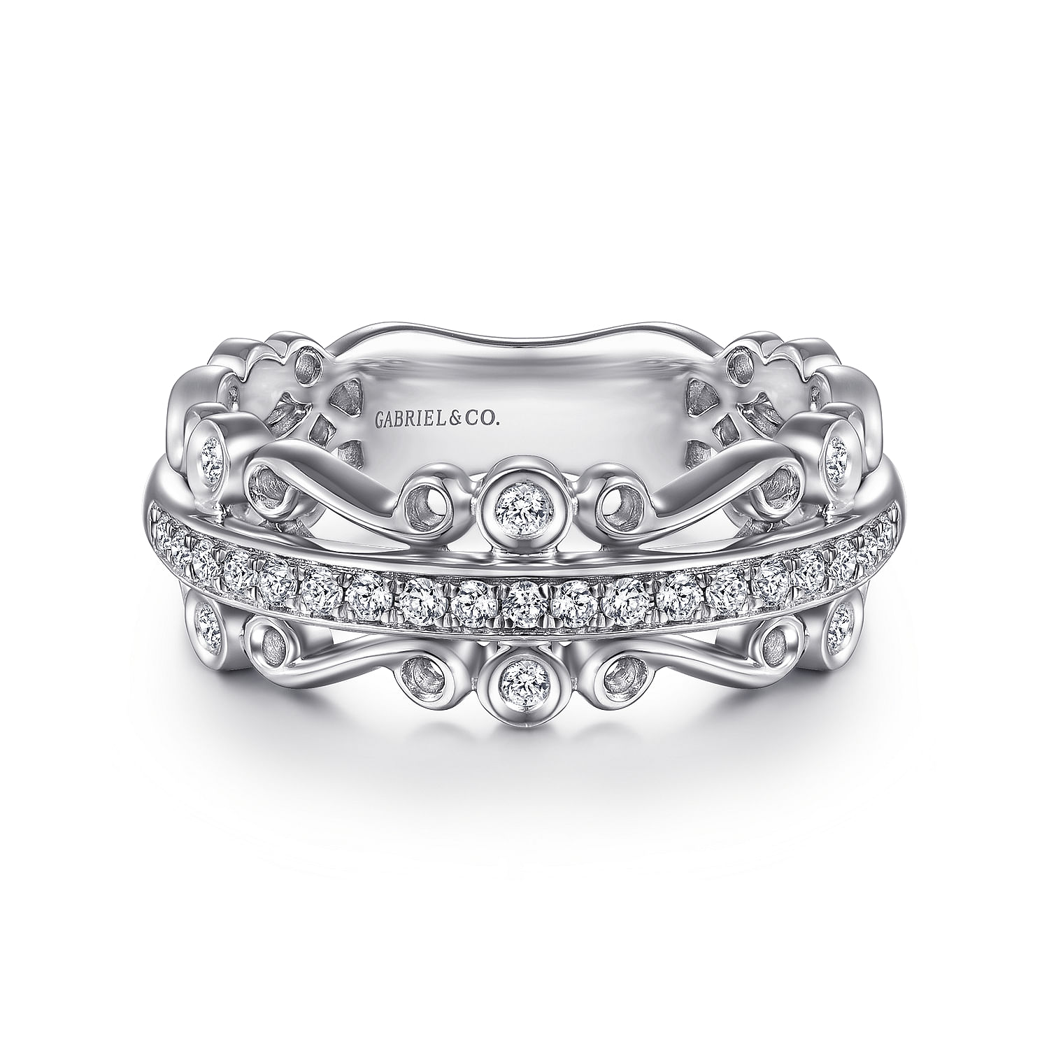Gabriel - Wide 14K White Gold Diamond Anniversary Band with Scrollwork