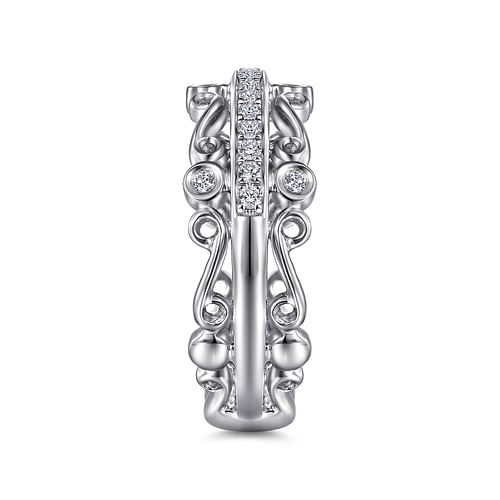 Wide 14K White Gold Diamond Anniversary Band with Scrollwork