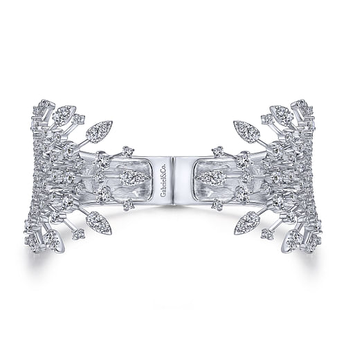 Wide 14K White Gold Diamond Burst Split Cuff Bracelet