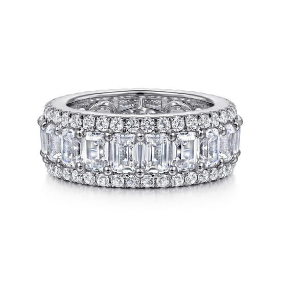 Wide 14K White Gold Emerald Cut Fancy Diamond Anniversary Band