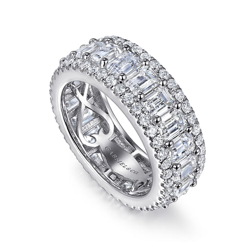 Wide 14K White Gold Emerald Cut Fancy Diamond Anniversary Band