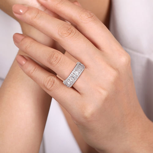 Wide 14K White Gold Emerald Cut Fancy Diamond Anniversary Band