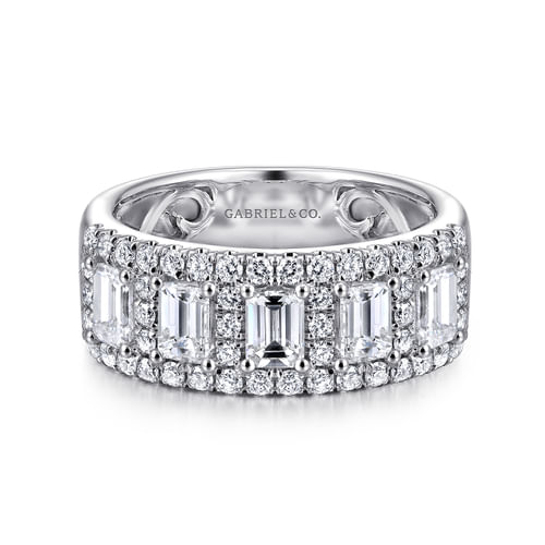 Wide 14K White Gold Emerald Cut and Round Diamond Anniversary Band
