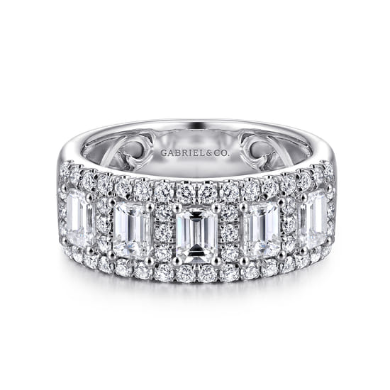 Wide 14K White Gold Emerald Cut and Round Diamond Anniversary Band